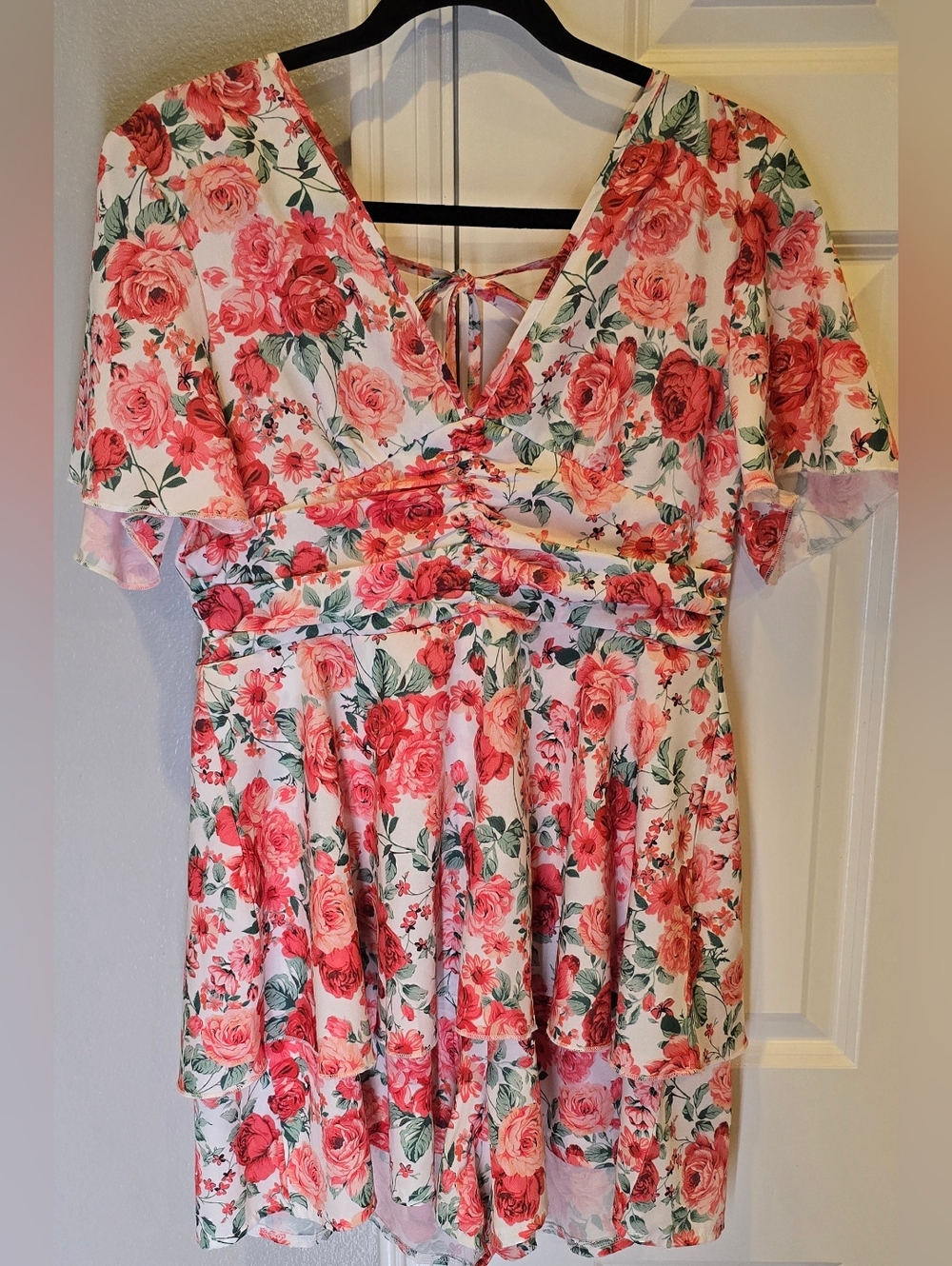 Floral Tiered Wrap Romper in Pink Rose Print